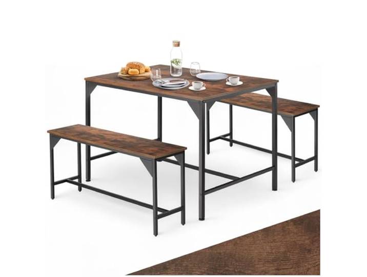 tectake Essgruppe, Esstisch 3-teilig, Sitzgruppe, Esszimmer Set mit Tisch und 2 Bänken, 110 x 70 x 75 cm, Industrial Design, ideal für Küche, Wohnzimmer, Esszimmer - Industrial Holz dunkel, rustikal