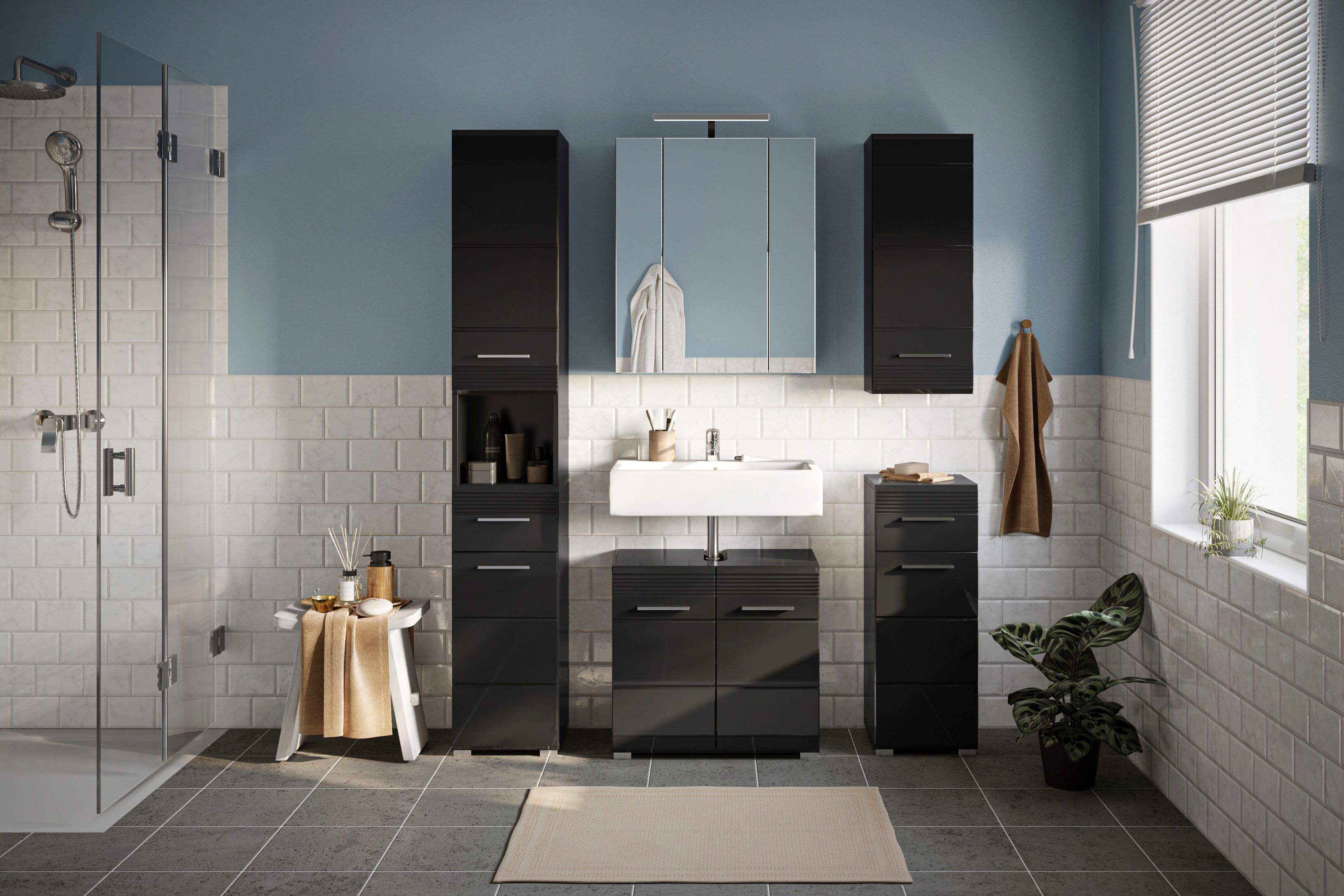 Badmöbel-Set HOME AFFAIRE "Malmö, 5 teilig, bestehend aus:", schwarz, Kastenmöbel-Sets, Badmöbel-Set, Badmöbel, 5-tlg schwarz Einheitsgröße