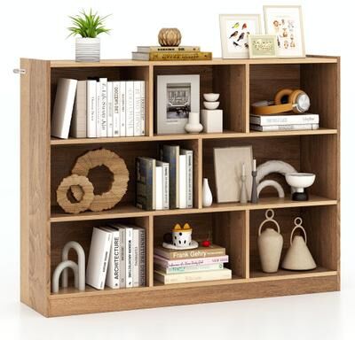 Costway 3-Tier Open Bookcase 8-Cube Floor Standing Storage Shelves-Natural