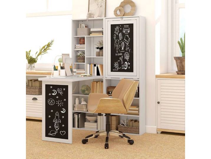 Bureau pliable - Bureau PC pliable - 9 étagères - Plateau rabattable tableau - Blanc