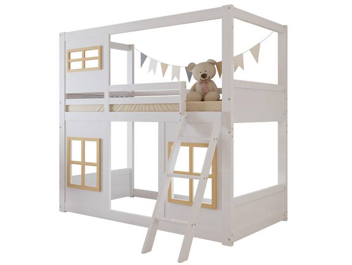 Redom Etagenbett 90/200 cm aus Kiefer/MDF mit Fenstern, Trittleiter und Rundum-Absturzschutz, Weiß/Natur, 90x200 cm, Babymöbel & Kindermöbel, Kinderzimmer & Jugendzimmer, Stockbetten