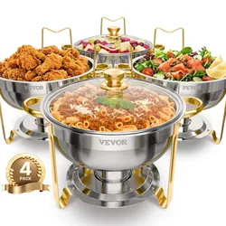 VEVOR Chafing Dish Buffet Speisenwärmer mit 4 Behältern in voller Größe (4,7 L), runder Catering-Wärmespender mit Glasdeckel & Wasserpfanne & klappbarer Ständer, für Hochzeiten Buffet Gold