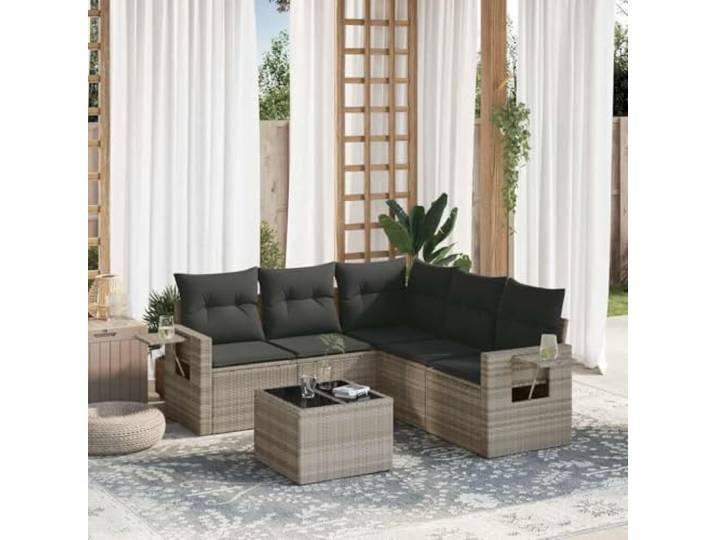 ZQQLVOO 6-TLG Poly Rattan Sofagarnitur Hellgrau Mit Kissen Modulares Design, Glastisch, Klappbare Ablagen, Wetterbeständig
