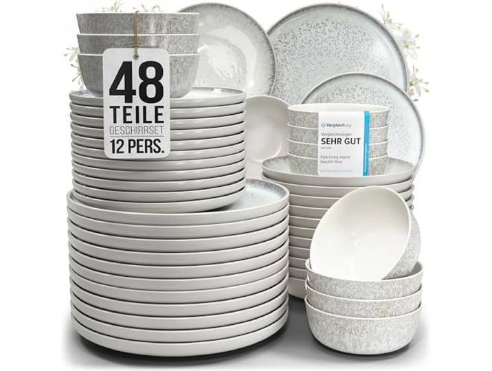 Steingut Geschirrset 12 Personen Ibiza 48 tlg. TESTSIEGER, Traumhaftes Mediterranes Steingut Geschirr Set, Schüssel- und Teller Set, Tafelservice 12 Personen, Geschirrsets Pure Living in Beige