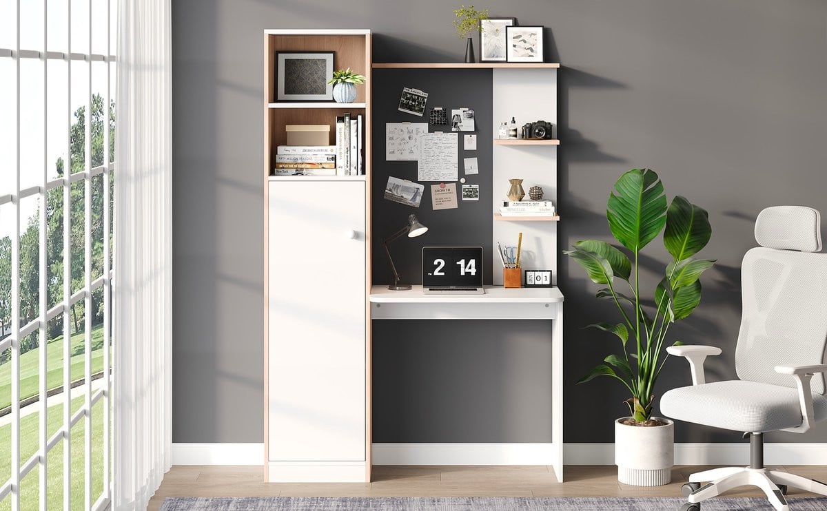 Wit houten bureau met opbergruimte en geïntegreerde boekenkast voor jouw werkplek