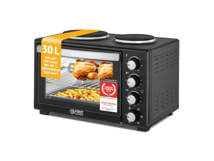TZS First Austria - Minibackofen mit Kochplatten 30L 3200 W - Mini Backofen Pizzaofen mit Herdplatten bis 230°C & 6 Heizmodi - Miniofen Kombigerät mit 4 Einschubhöhen & hochwertigem Zubehör