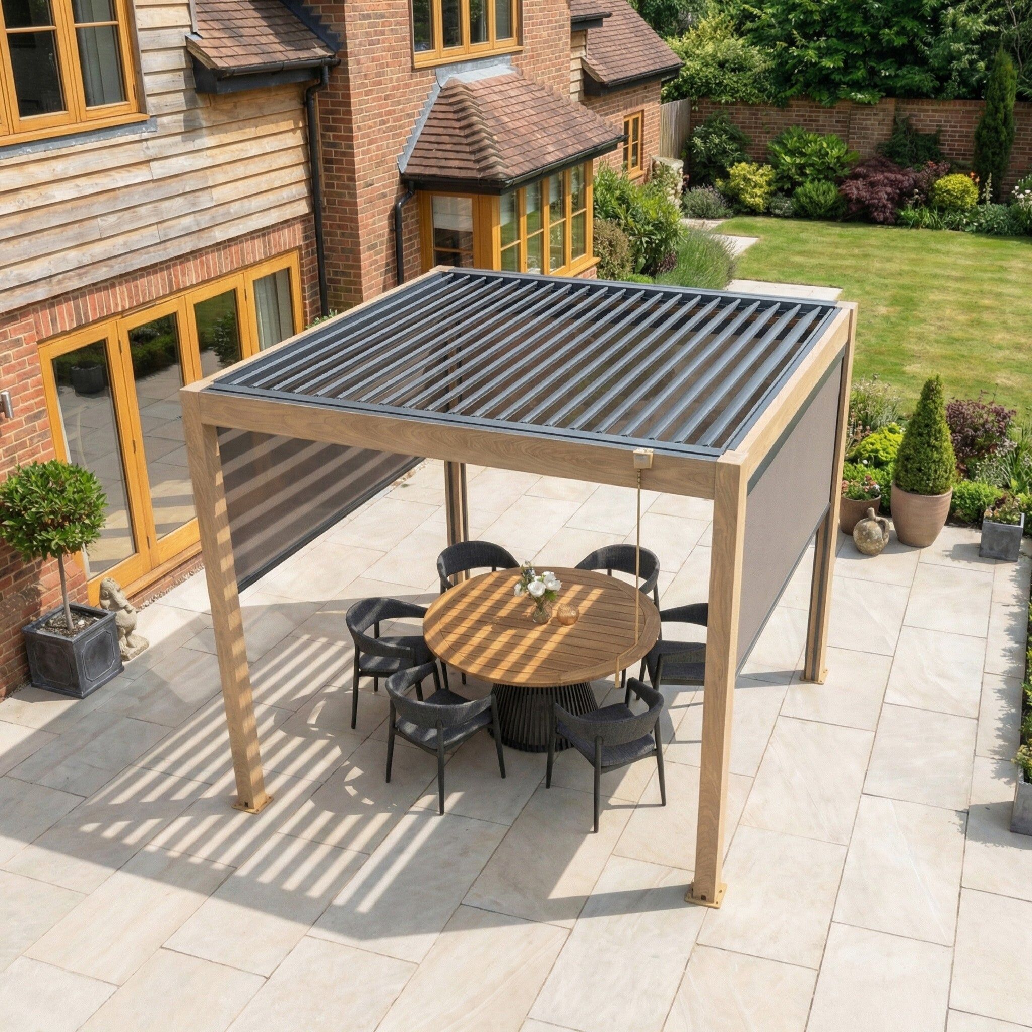 Harbour Lifestyle PergoSTET Plus 3m x 3m Square Pergola with 3 Manual Side Blinds and LED Lighting in Wood Effect