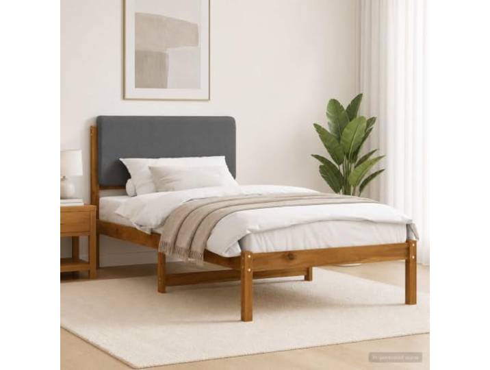 Bett mit Kopfteil aus massivem Akazienholz und Leinenimitat Rechteckiges Bett, gepolstertes Kopfteil, abnehmbarer und waschbarer Bezug, Massivholz, moderner Stil