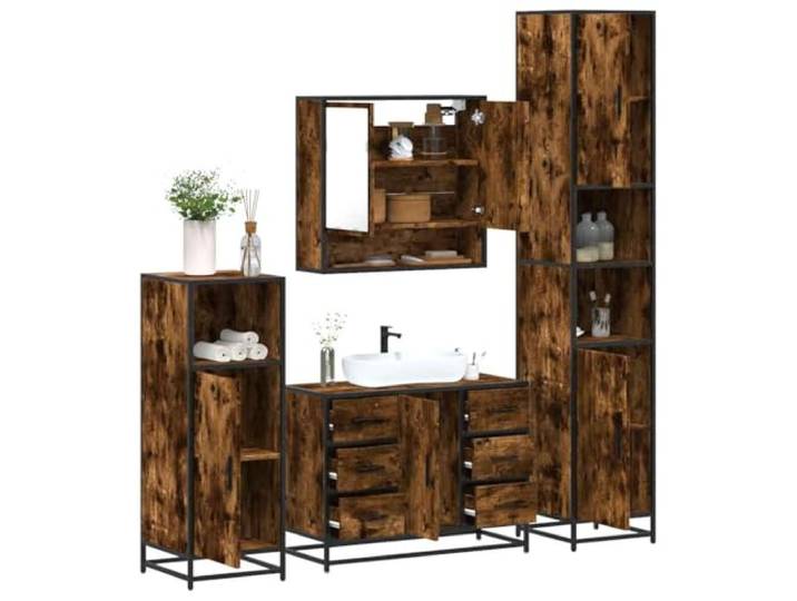 4-tlg. Badmöbel-Set Räuchereiche Holzwerkstoff mit Waschbeckenunterschrank Metallgestell, korrosionsbeständig, Wandmontage, platzsparend, pflegeleichte Oberfläche, stabiles Lowboard