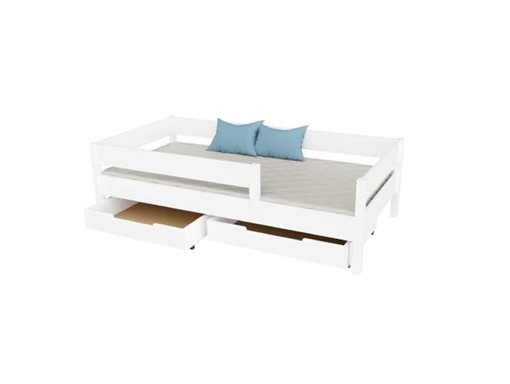 KidsComfort Kinderbett 70x140 cm Weiß mit Schubladen und Rausfallschutz Kinderbett mit Stauraum Zwei Schubladen auf Rollen Rausfallschutz abnehmbar Einstieg links oder rechts Lattenrost