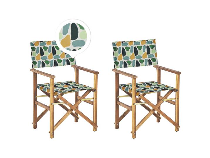 Beliani Gartenstuhl 2er-Set Akazienholz hellbraun grau/mehrfarbig Fleckenmuster Cine, Hellbraun, Grau, Grün, Gelb, Holz, 50x91x50 cm, Gartenmöbel, Gartensessel, Gartenklappstühle