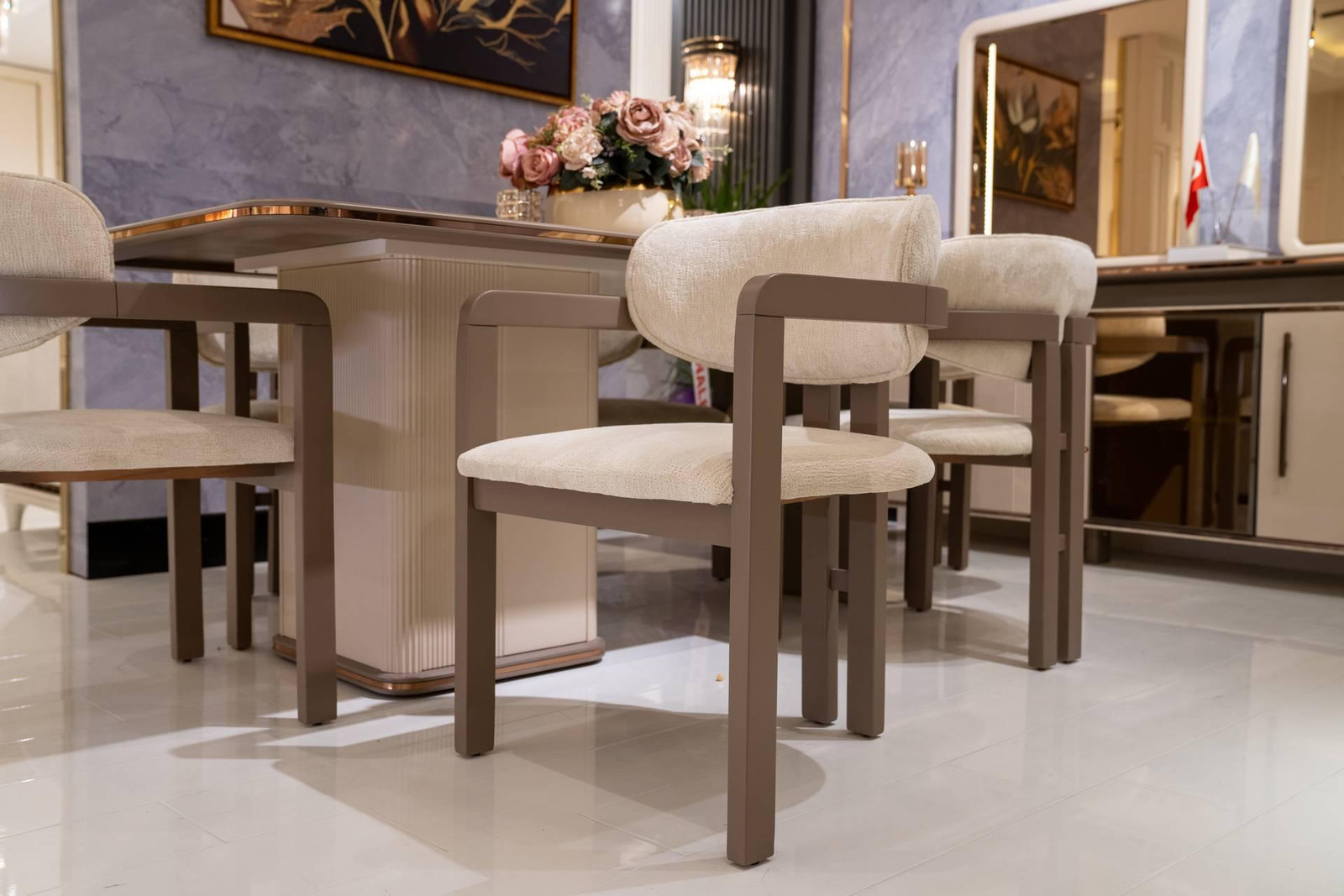 Set van 6 elegante beige houten textiel stoelen