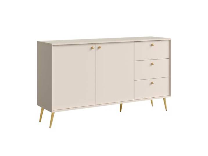 Lomadox Wohnzimmer Sideboard 156 cm breit beige, goldene Füße & Griffe, 2 Türen, 3 Schubladen, Kommode Schubladenschrank Stauraum Sandfarben hell modern