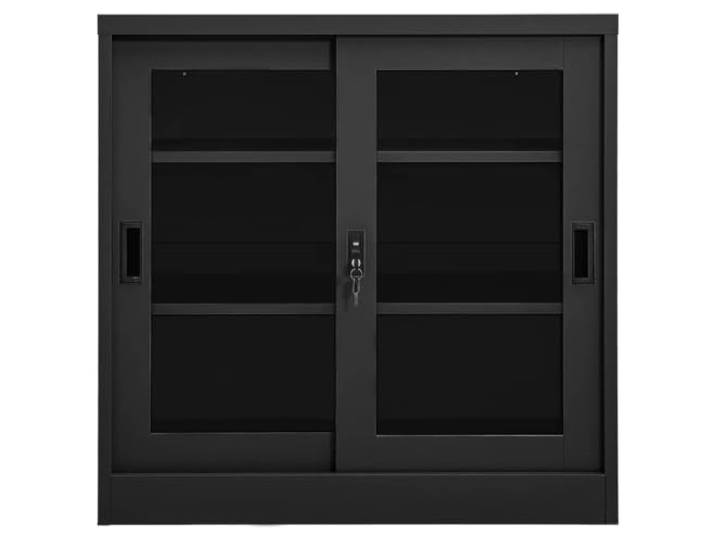 NKOPPFG Schrank mit Schiebetür Anthrazit 90x40x90 cm Stahl Gehärtetes Glas, 2 Einlegeböden, Schloss, Aktenaufbewahrung, schmale Gänge