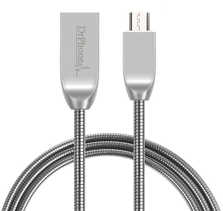 DrPhone Durable Pro Metalen Micro USB Kabel met Adapter, 1m, Zwart/Zilver