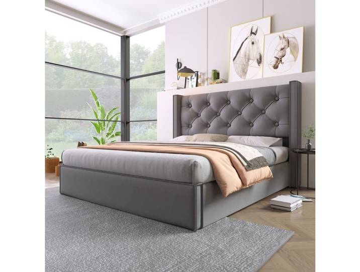 WUVRIE Lit coffre hydraulique 160 x 200 cm gris tête de lit capitonnée sommier à lattes sur cadre métallique