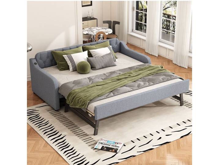 DRIPEX Lit rembourré 90×200cm avec lit gigogne 90×190cm lit extensible avec prise USB structure de lit en lin Gris