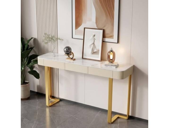Weiwehome Moderner Konsolentisch mit Sinterstein-Platte, schmaler Flurtisch Sinterstein-Oberfläche, Kratzfest, Stabiler Stahlrahmen, Modernes Design(Snow‑White,63.0in)