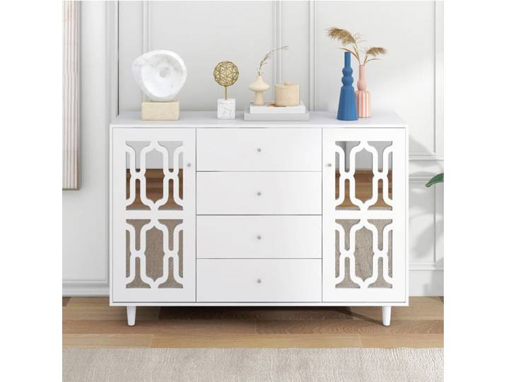 Buffet blanc miroir avec 2 portes 4 tiroirs MDF style chic enfilade salon et salle à manger ORVRYN
