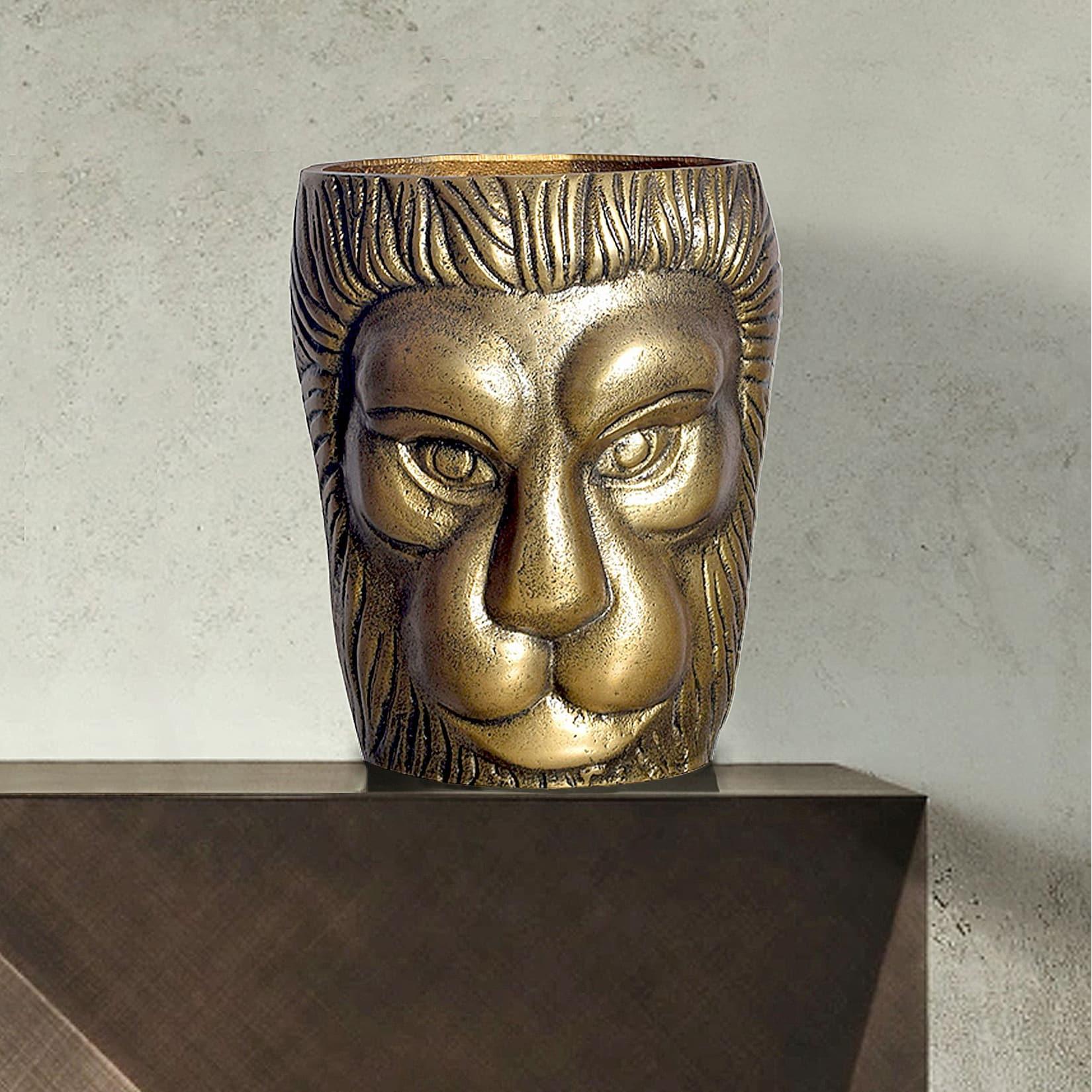 Vase FineBuy Blumenvase Löwenkopf 21 cm Aluminium Gold Tischvase Wohndeko Rund