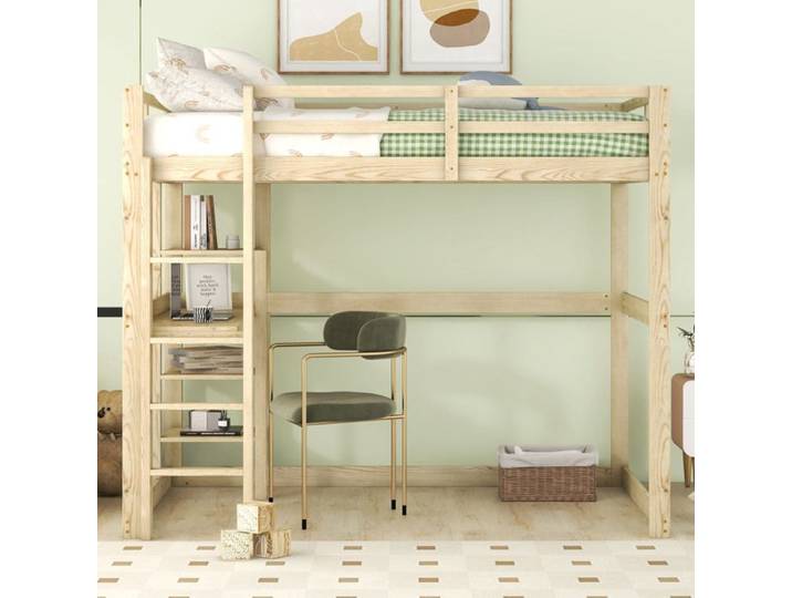 lit adulte lit mezzanine rangement bureau 140x200 bois de pin naturel couchage gain de place chambre Grjofek
