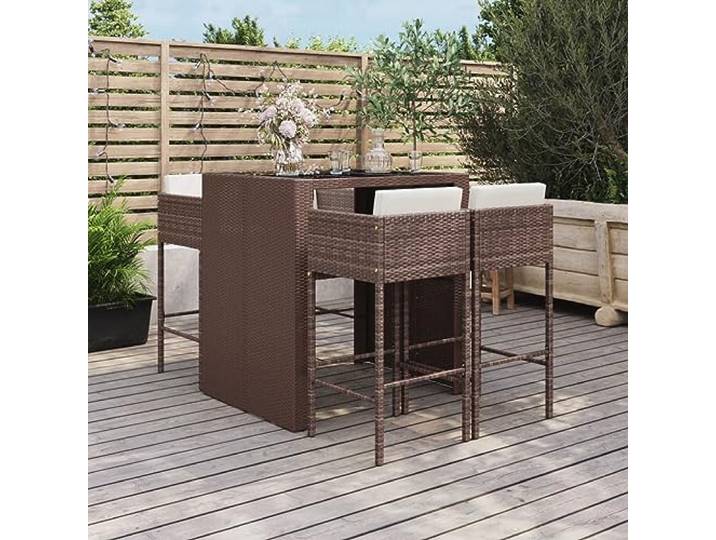 RJPLMFV Garten-Bar-Set, 5-teilig, Polyrattan, Braun Gehärtetes Glas, pulverbeschichteter Stahl, Fußstütze, Rückenlehne, Armlehne, 110 kg pro Sitz
