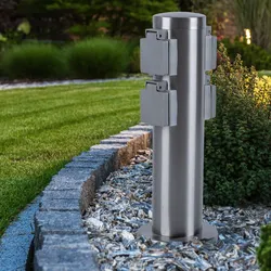 Außen Steckdosensäule 4x Steckdosen mit Klappdeckel Edelstahl 4-fach Verteilersteckdose, IP44 Schutzklasse 1, Durchmesser x Höhe 7,5 x 35 cm, Garten Außenbereich