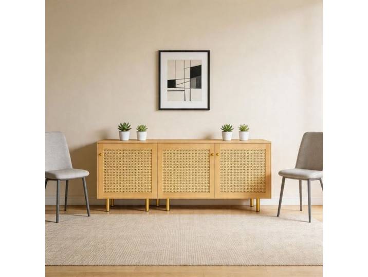 Buffet bas - Buffet modulaire 3 portes rotin rustique - Modules 1+2 - Aspect bois naturel poignées dorées - MDF H63×L180×P40 cm