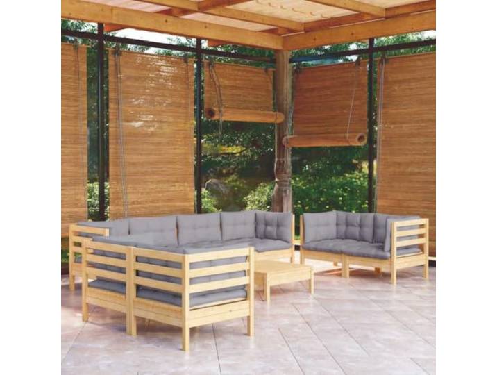 WDGJJFECNMUEHI Pin massif modulable 9 pièces gris Salon de jardin 9 pieces avec coussins gris bois de pin massif modulable exterieur avec repose-pieds et table