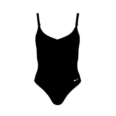 Badeanzug NIKE "V-NECK ONE PIECE", Damen, Gr. M, N-Gr, schwarz, Jersey, Obermaterial: 83% Polyester, 17% Elasthan, Badeanzüge Badeanzug, mittlerer Halt, verstellbare Rücken- und Schulterträger
