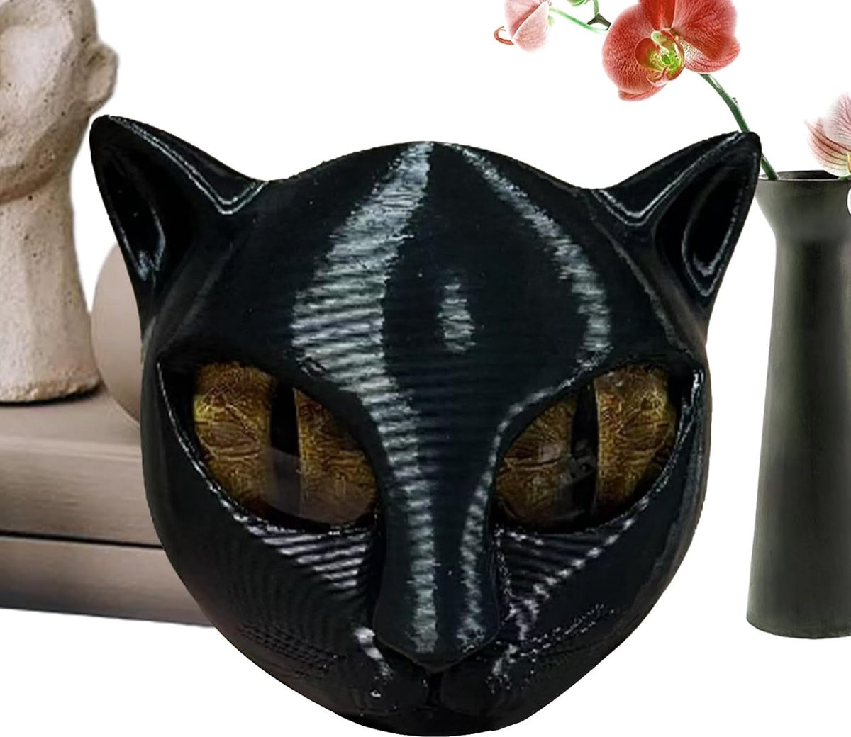Amberkleurig Kattenhoofd Ornament - Porseleinen Buste - Handgemaakt Artistiek Design - Hoogte: 10 cm