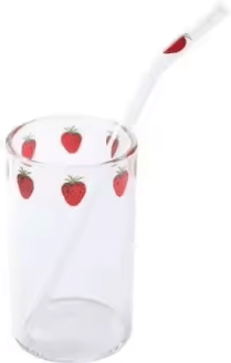 Inspire Curations Cute Strawberry Glass Cup With Straw 300ML Borosilicate Aesthetic Drinking Tumbler cup Straw A