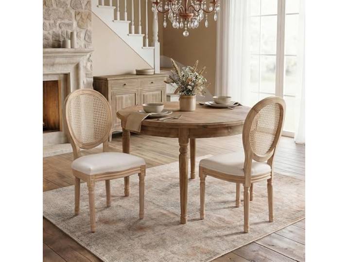 SoarFlash Französische Esszimmerstühle 2er Set, Rattan Rundlehne, Massivholz Beine, Landhausstil Vintage Stühle, Leinenpolsterung, Beige, für Esszimmer Küche Schlafzimmer