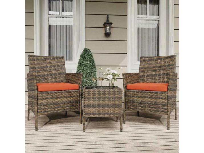 ENSEMBLE TABLE CHAISE DE JARDIN 2 Fauteuils en Rotin Coussins Moelleux+Table Basse en Verre Balcon et Terrasse marron et orange