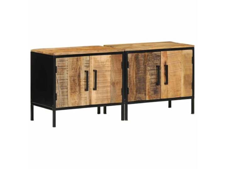 KUTYWEXFM 2er Set Nachttisch Massivholz Mango Braun Schwarz 50x30x45cm Rustikaler Beistelltisch fürs Schlafzimmer mit robuster Holzoberfläche und Stahlgestell für stilvolle Ordnung.