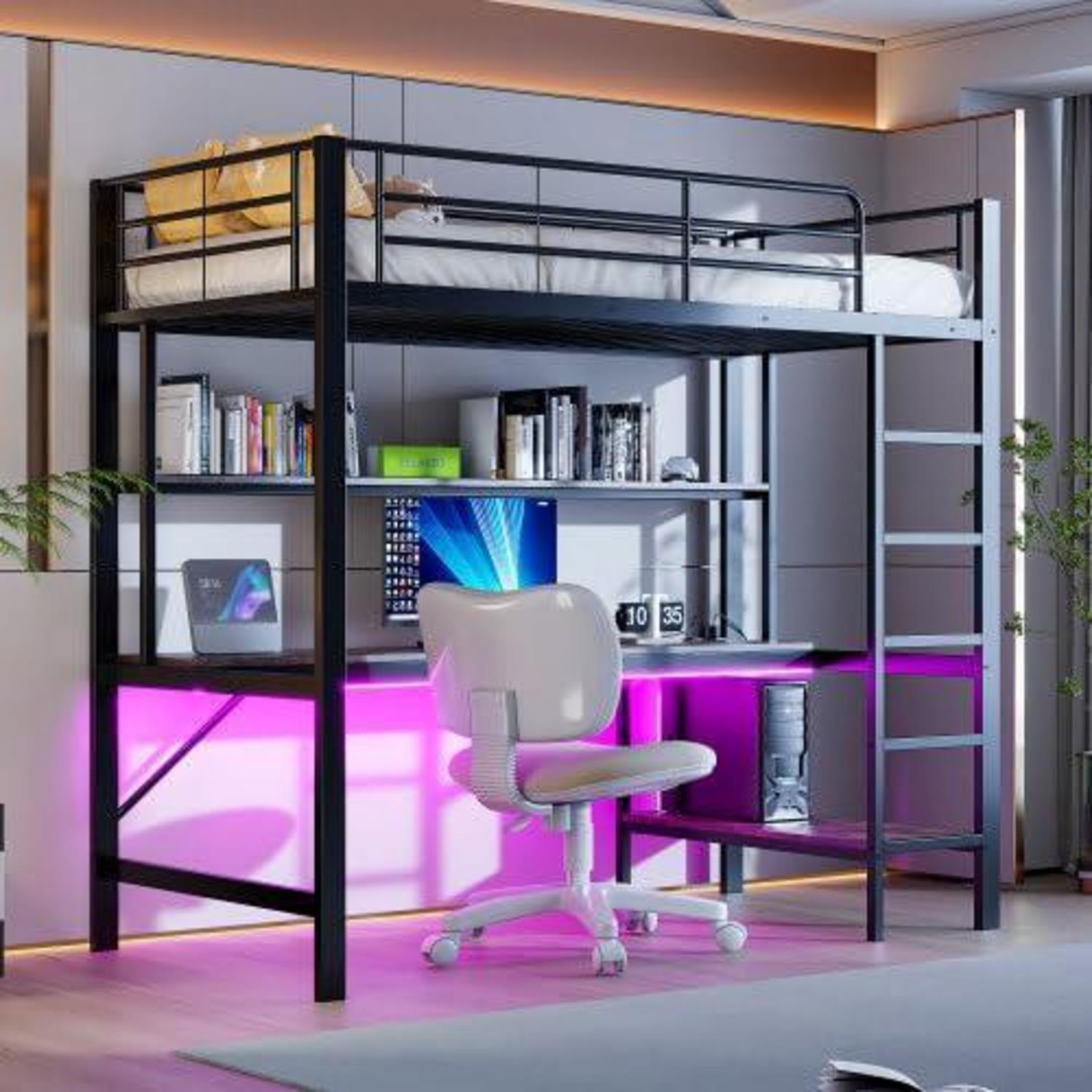 Hochbett Metall 90x200 cm mit USB, Steckdose, LED-Licht, Schreibtisch und Regal Schwarz