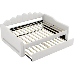 OKWISH Tagesbett MDF/Sperrholz mit Leinenpolsterung Beige 212x148,5x84 cm, mit Ausziehbett und LED-Beleuchtung