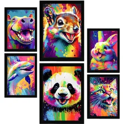 POSTER Set Mit 6 Entzückende Tiere Im Hochformat Lebhafte Aquarell Stil Illustrationen Von Lächelnde Tiere Innenarchitektur A3 & A4 Schwarzer Rahmen