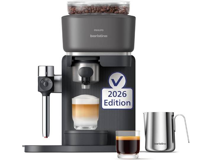 PHILIPS baristina Espressomaschine Latte BAR400/60 mit Mahlwerk für ganze Bohnen und Milchschaumdüse, 3 Schaumarten, 16 bar Pumpendruck, Schwarzgrau​