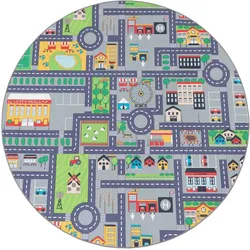 KINDERTEPPICH Waschbar, mit Stadt‐Land‐Karten‐Muster, Grau, Ø 160 cm