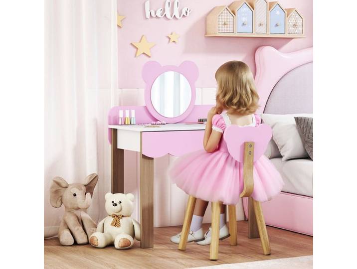 Coiffeuse enfant avec tabouret rose miroir de maquillage forme ourson tiroir MDF