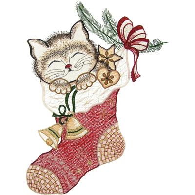 Fensterbild "Katze im Strumpf" Gr. 1, bunt (braun, grün, rot), B:21cm H:31cm, Polyester, W. REUTER & SOHN - PLAUENER SPITZE, Fensterbilder, Made in Germany