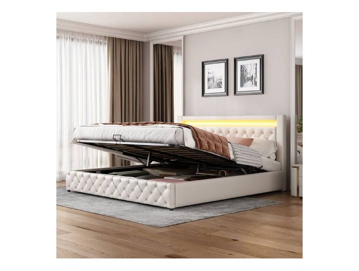 Flieks Polsterbett, LED-Beleuchtung Kunstleder Doppelbett Stauraum 180x200cm