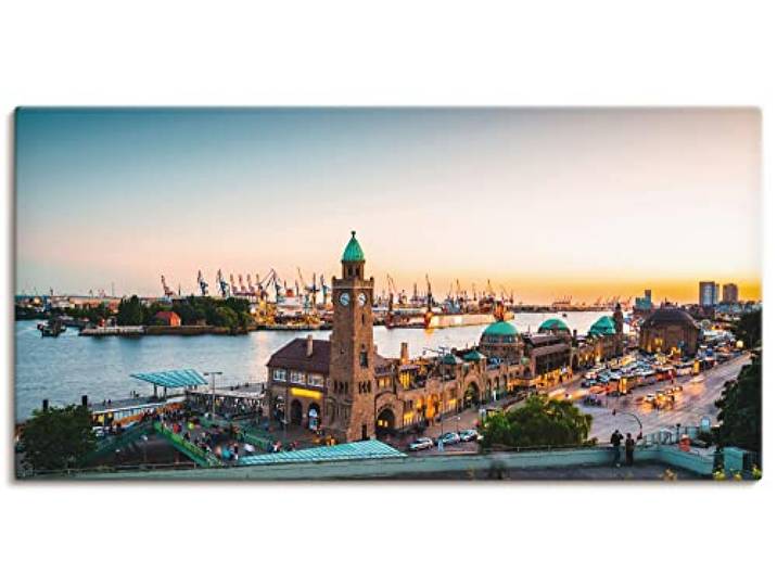 ARTLAND Wanddeko Leinwand Bilder Wandbild Maritim Hamburg Skyline Hafen Elbe Kräne Turm Uhr Landungsbrücken S8PM