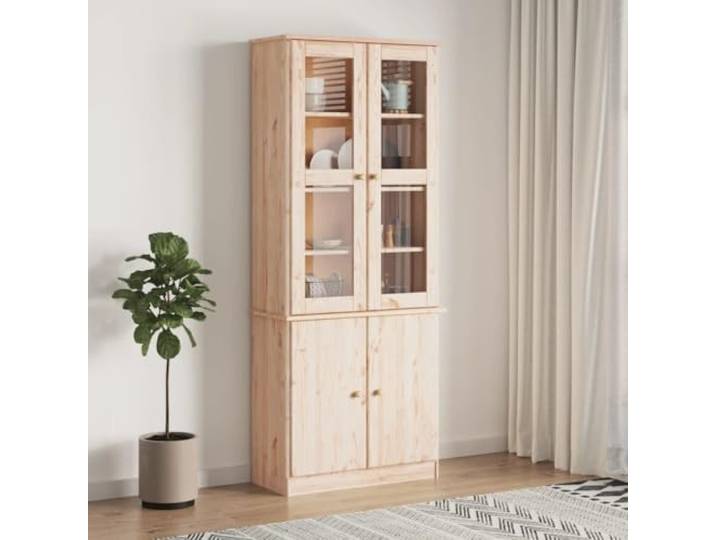 ZQQLVOO Massivholz Vitrine mit Glas Kiefer rustikal Sammlung Aufbewahrung Schrank Deko Glasfront