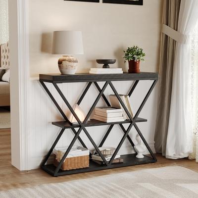 Garvee 32.8in 3-layer Industrial Style Console Table, X-shaped Metal Frame, Sofa Side Table, Open Storage Shelf
