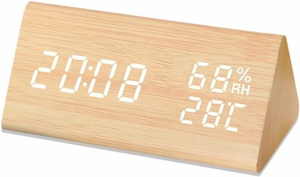 Thijox Digitale Houten LED Wekker met Datum, Temperatuur en Vochtigheid, 3 Alarminstellingen en 3 Helderheidsniveaus