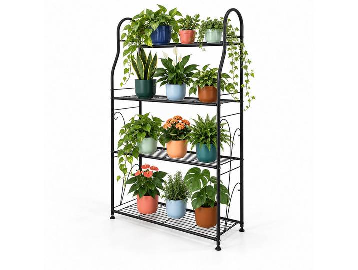 Relaxdays Pflanzenregal Schwarz Stahl 4 Ablagen, Metall, 71x114x24.5 cm, Dekoration, Blumen & Blumentöpfe