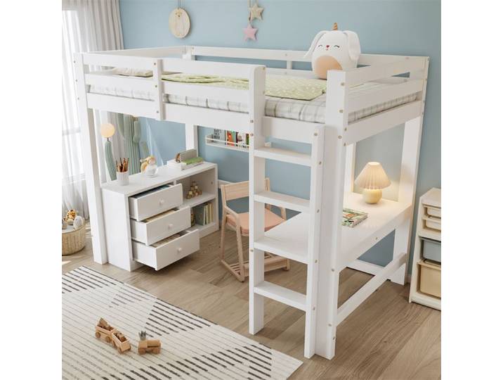 DRIPEX Lit mezzanine avec bureau commode à tiroirs et étagère de rangement Lit enfant étudiant pin + MDF blanc 90 x 200 cm