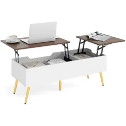 COSTWAY Couchtisch mit Hubplatte, 2 versteckten Fächern, Flip-Top mit Metallbeinen 111x48x40-53,5cm, Walnuss